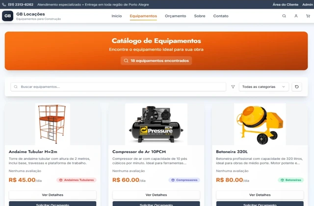 Página inicial do site GB Locações, sistema de locação de equipamentos